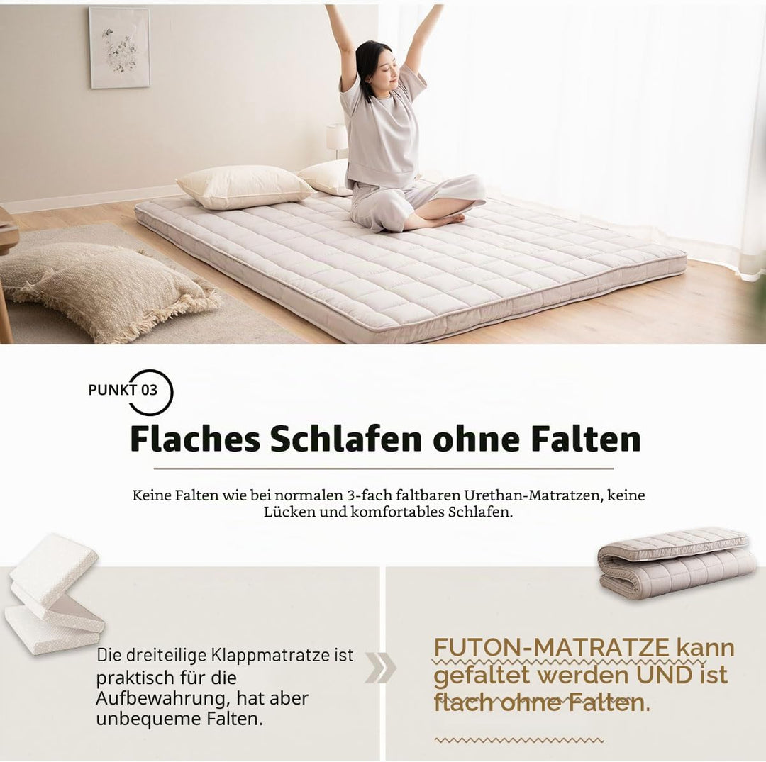 EMOOR Japanische Gepolsterte Futon-Matratze Machi 140 x 202 cm Grau, Zwickel Faltbar Verstaubar Elas