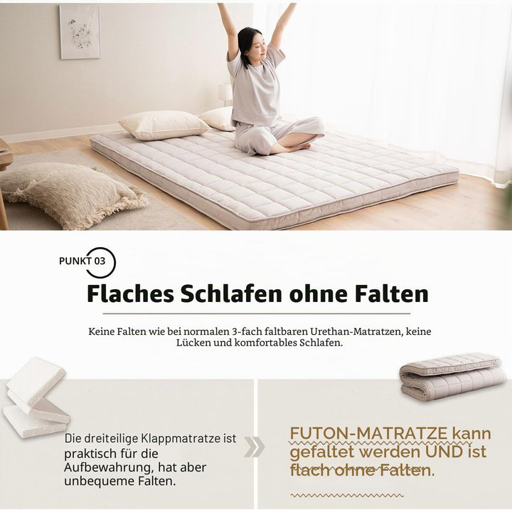 EMOOR Japanische Gepolsterte Futon-Matratze Machi 160 x 202 cm Grau, Zwickel Faltbar Verstaubar Elas