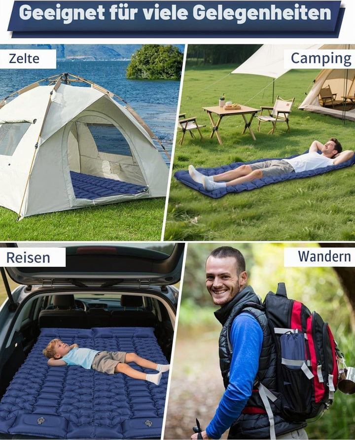 Isomatte Selbstaufblasend, 10cm Dicke Luftmatratze Camping mit Fusspressepumpe und Kissen, Anti-Rips