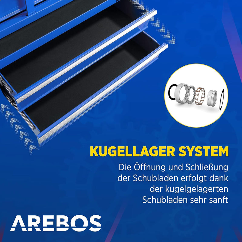 Arebos Werkstattwagen 7 Fächer | zentral abschliessbar | inkl. Antirutschmatten | kugelgelagerte Sch