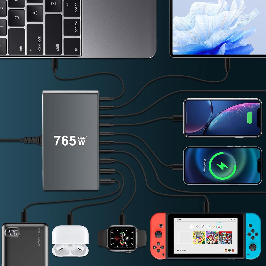 765W USB C Ladegerät Mehrfach,PD 140 W Schnellladegerät 10 Ports Ladestation GaN-III Charger with 7