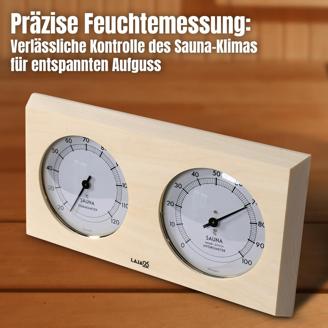 Sauna Thermo-Hygrometer - FSC Espenholz - Misst Temperatur & Luftfeuchtigkeit - Bimetalltechnik - Sy