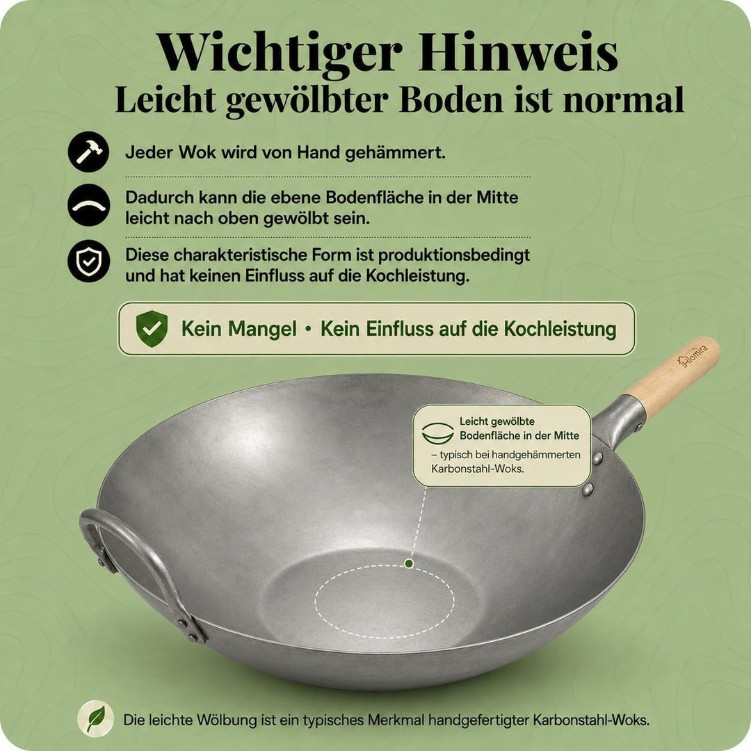 Homira Wok 36 cm handgehämmert aus Karbonstahl mit flachem Boden und Holzgriff – traditionelle PFAS-