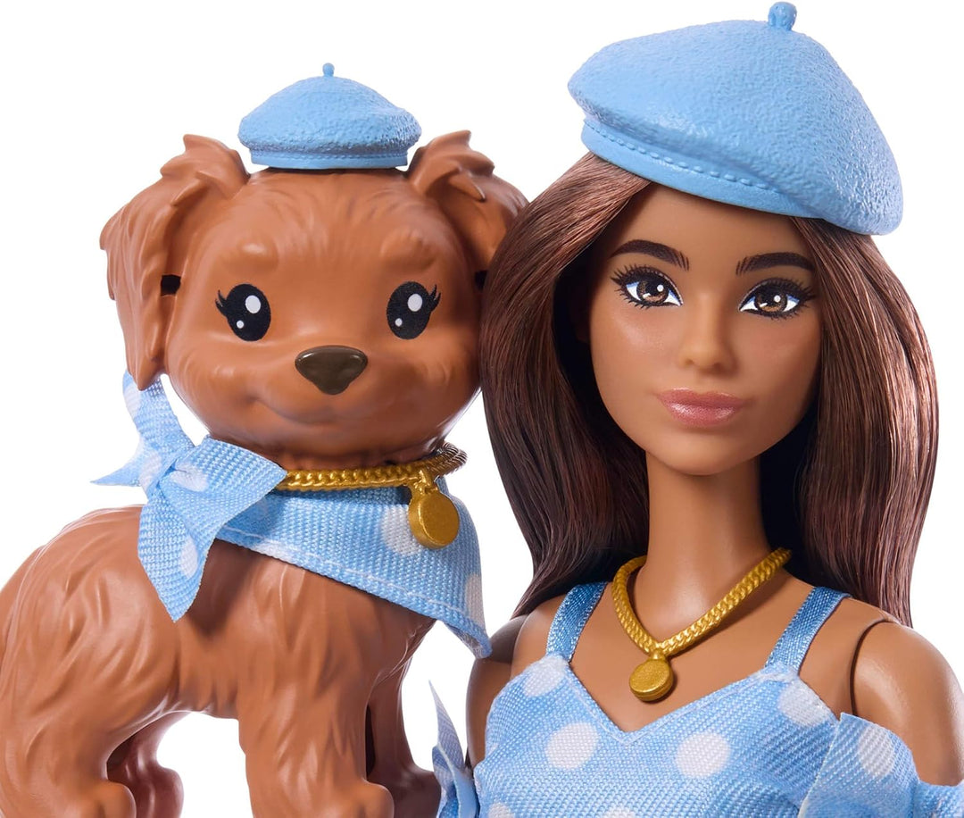 Barbie Twinning Looks Puppe mit Hündchen im Partnerlook mit blauen Pünktchen-Outfits und Accessoires
