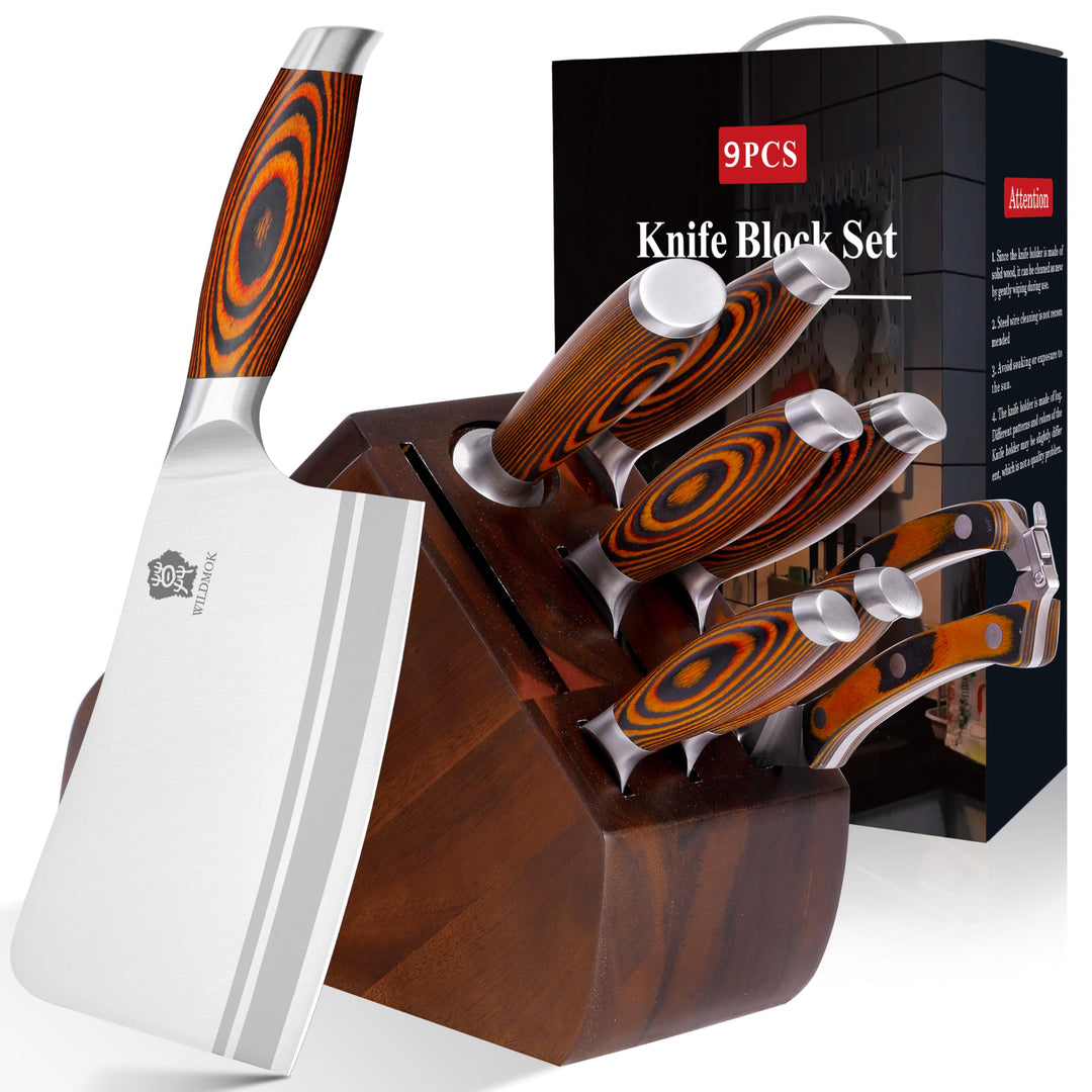 WILDMOK Messerblock Set, 9-TLG Messer Set mit Holzgriff Block, Deutscher Edelstahl Kchenmesser, Prof
