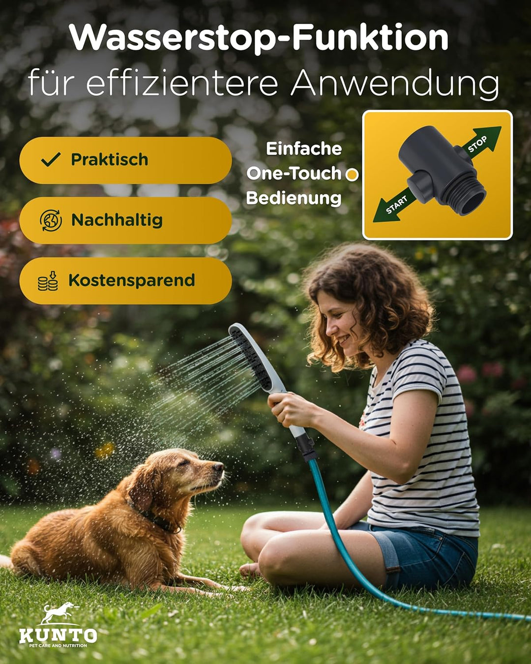 KUNTO® Hundebrausekopf - Hundedusche Duschkopf - Hundedusche mit vier Strahlarten - Hunde Duschkopf