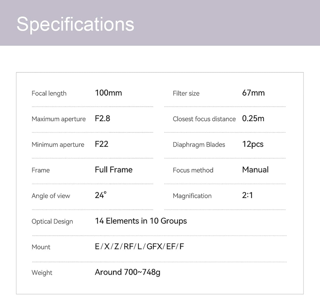 TTARTISAN 100mm F2.8 Makro 2X Kameraobjektiv für Fuji GFX Mount Vollformat Manueller Fokus Objektiv