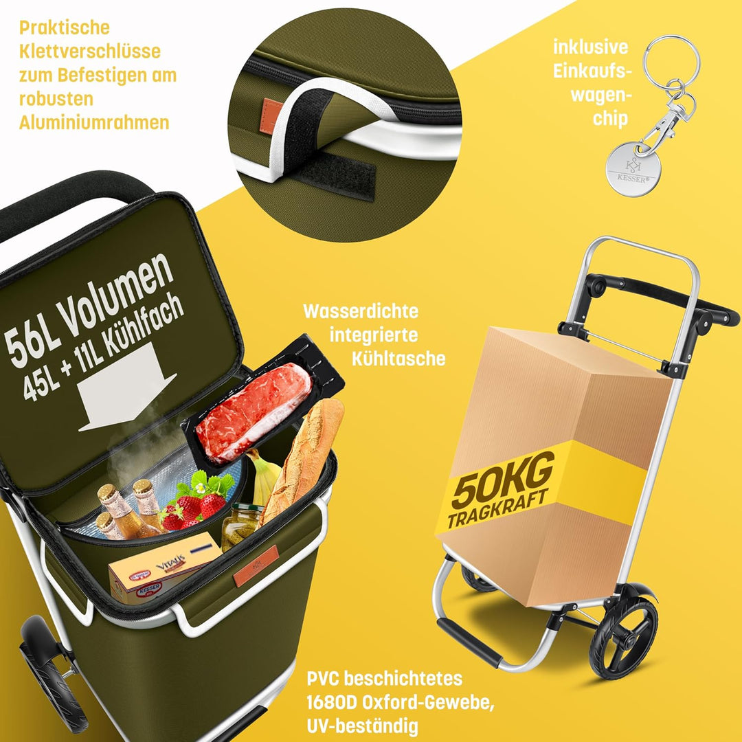 KESSER® Einkaufstrolley klappbar mit 56L Kapazität und belastbar bis 50kg | 3in1 Trolley Sackkarre &