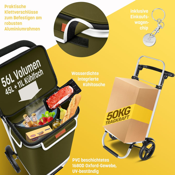 KESSER® Einkaufstrolley klappbar mit 56L Kapazität und belastbar bis 50kg | 3in1 Trolley Sackkarre &