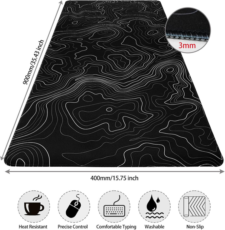 Niviy Mauspad Schwarz Topografische Karte 900x400mm | Waschbares XXL Gaming Mousepad mit genähten Ka
