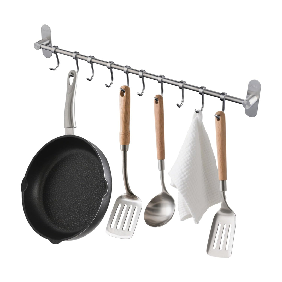 Geschirr hängende Rack mit 10 abnehmbaren Haken keine Bohrung, Edelstahl Küche Schiene Pfanne Hanger