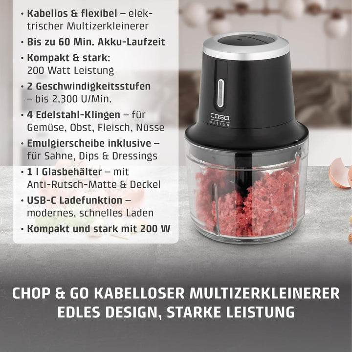 CASO Chop &amp; Go – kabelloser Design Zerkleinerer mit 4 Edelstahlklingen, flexibel und überall einsatz