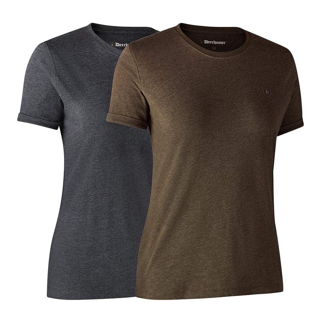 Damen Basic 2-Pack T-Shirt Braun Blatt Melange