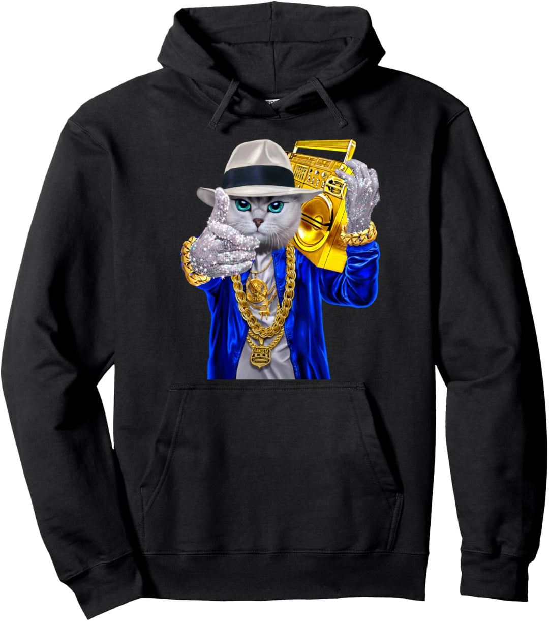 Hip Hop Rapper Katze im Fedorahut mit Boombox Pullover Hoodie