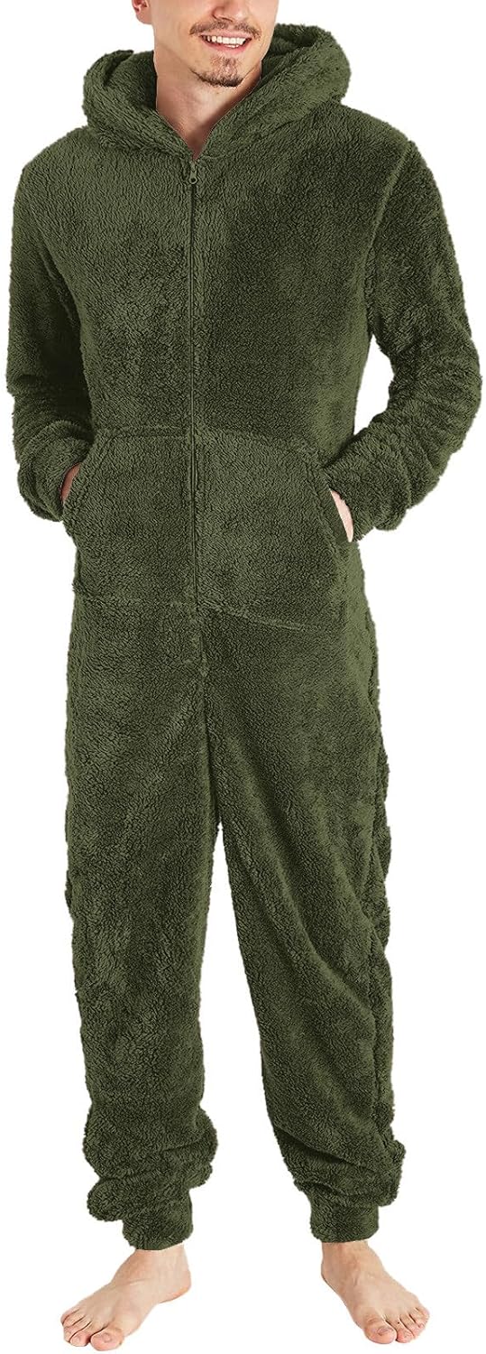 Jumpsuit Herren Teddy Fleece Schlafanzug Einteiler Onesie Winter Fluffy Pyjama Kuschelig Overall mit