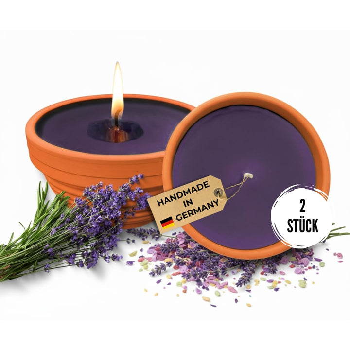 Lavalis 2X Lavendel Kerze mit Duft in Terrakotta-Schale, Alternative zu Citronella-Kerze, Handbefüll