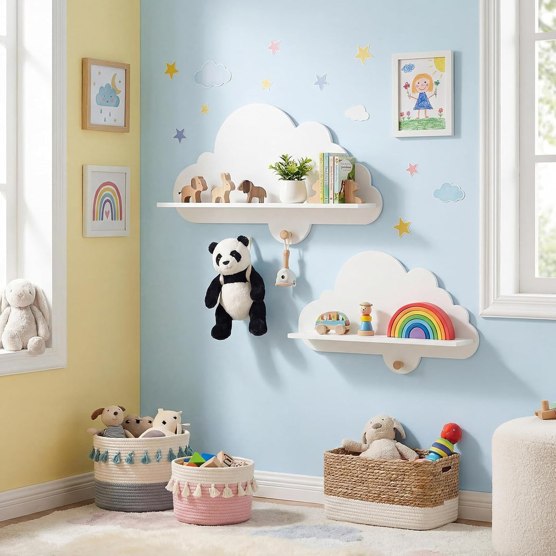 COSTWAY 2er Set Wandregal Kinder, Schweberegal im Wolkenform aus Massivholz, wandmontiertes Kinderre