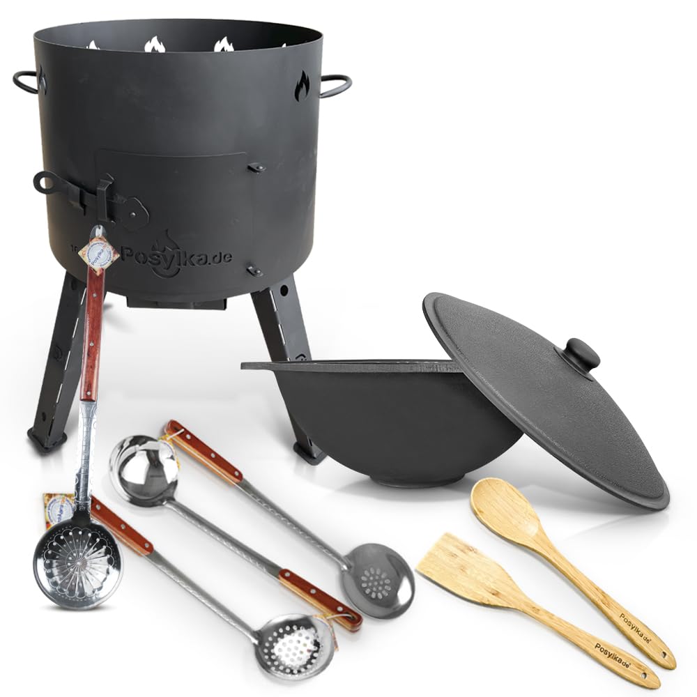 Utschak Feuerofen mit Gusseisen Topf flacher Boden mit Deckel 16 L Ø 44 cm Kazan Holzlöffel, Schauml