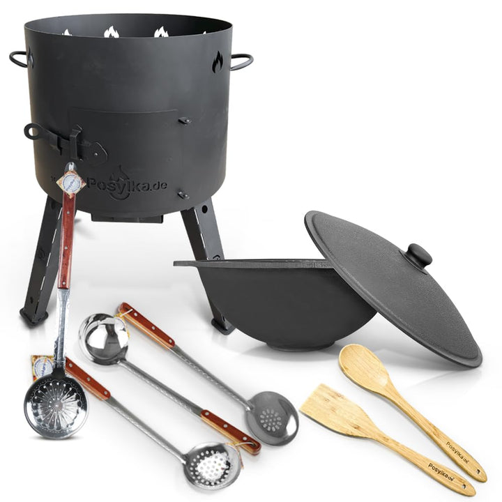 Utschak Feuerofen mit Gusseisen Topf flacher Boden mit Deckel 16 L Ø 44 cm Kazan Holzlöffel, Schauml