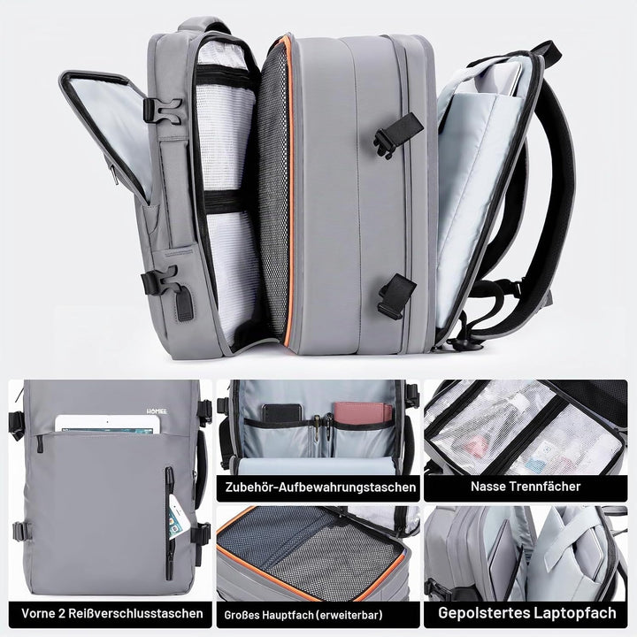 HOMIEE Handgepäck Reiserucksack, Supergross Laptop Rucksack Erweiterbar Diebstahlsicher Wasserabweis