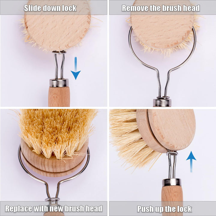 2er Set Spülbürste Holzspülbürste + 6 Ersatzköpfe, nachhaltige Spülbürsten Holz mit 6 x Ersatzkopf,
