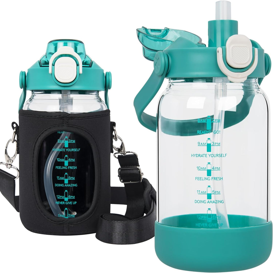 Seekua 1l Trinkflasche Glas Flasche mit Strohhalm & Zeitmarkierung, 1 liter Wasserflasche mit Frücht