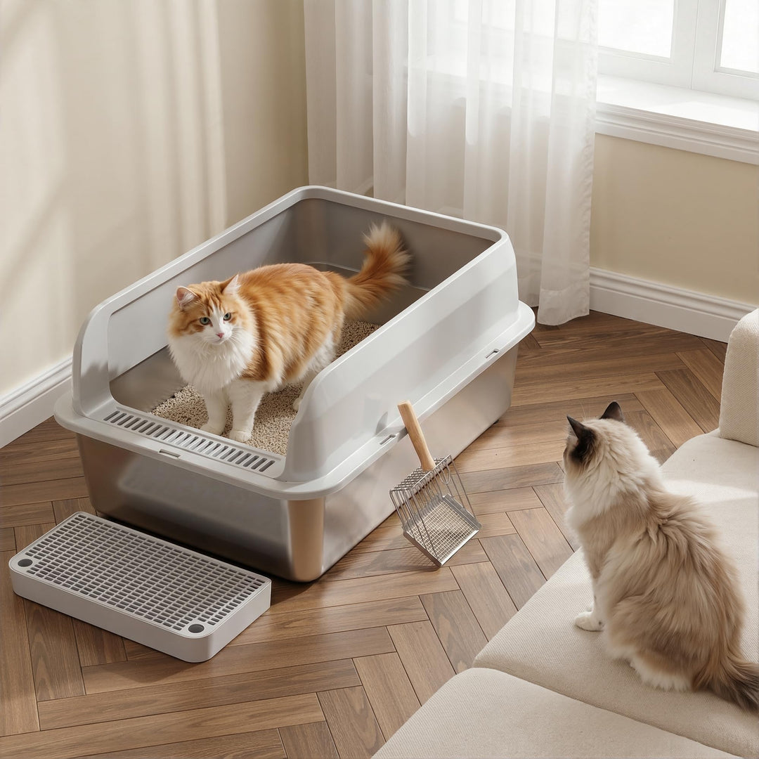 Katzenklo Edelstahl, Katzentoilette Gross XL mit Metall Schaufel, 40L Katzenklo mit Abnehmbares Hohe