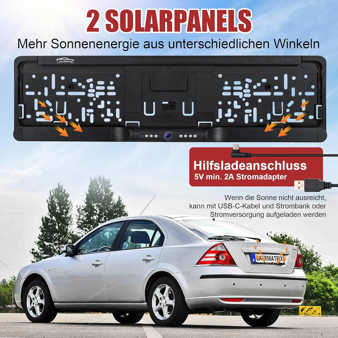 Solar Rückfahrkamera im Kennzeichenhalter für EU &amp; Österreich mit WLAN Funk | Rückfahrsystem mit App