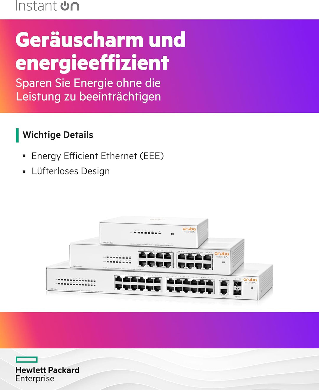 Aruba Instant On 1430 26-Port Gb Unmanaged Layer-2-Ethernet-Switch | 26x 1G | 2X SFP Uplink-Anschlüs