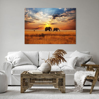 Bilder auf Leinwand 100x70cm Leinwandbild Elefanten Safari Dschungel Busch Gross Wanddeko Bild Schla