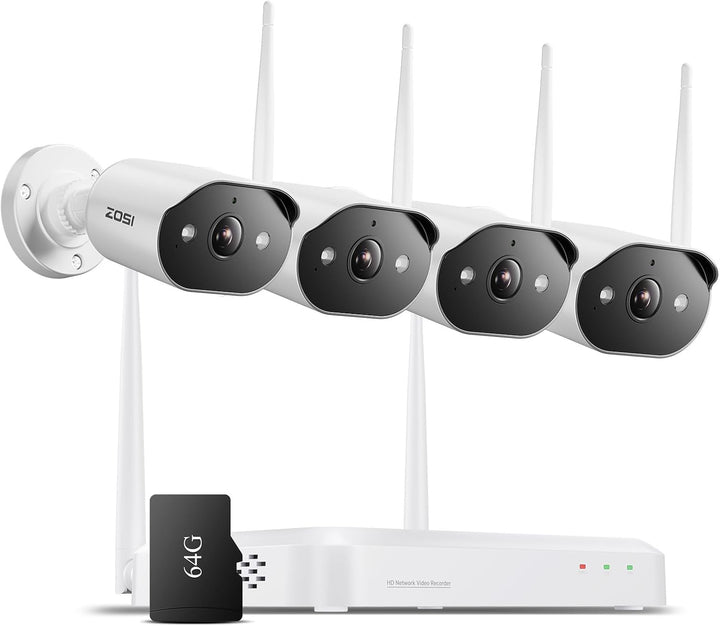 ZOSI 2K 3MP WiFi 6 Überwachungskamera Set Aussen, 8CH NVR mit 4 WLAN IP Kameras, 64GB SD-Karte, 2-We