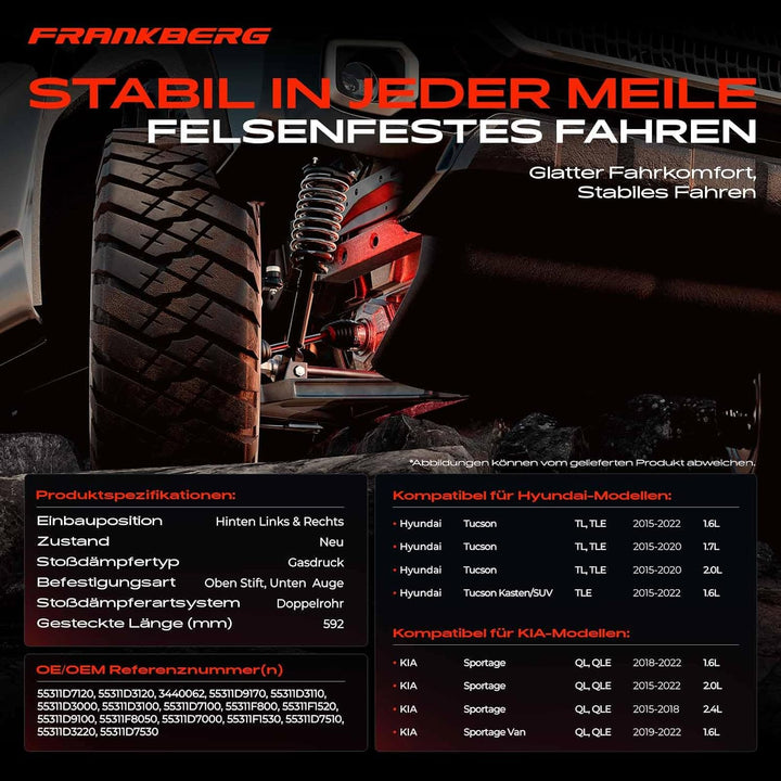 Frankberg 2x Stossdämpfer Hinten Links Rechts Kompatibel mit Tucson TL TLE 1.6L-2.0L SUV 2015-2020 S