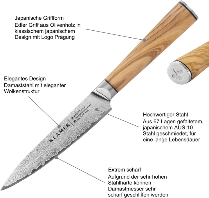 KLAMER Damast Allzweckmesser 12,7cm, scharfes Küchenmesser, Profi Kochmesser aus japanischem Stahl A