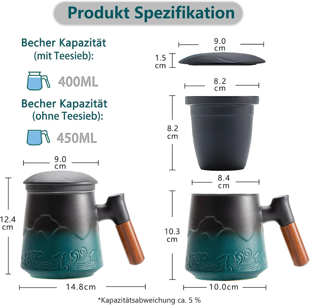 ZENS Teetasse mit Deckel und Teesieb, 450ml Grosse Holzgriff Teebecher mit Sieb und Gradienten Geprä