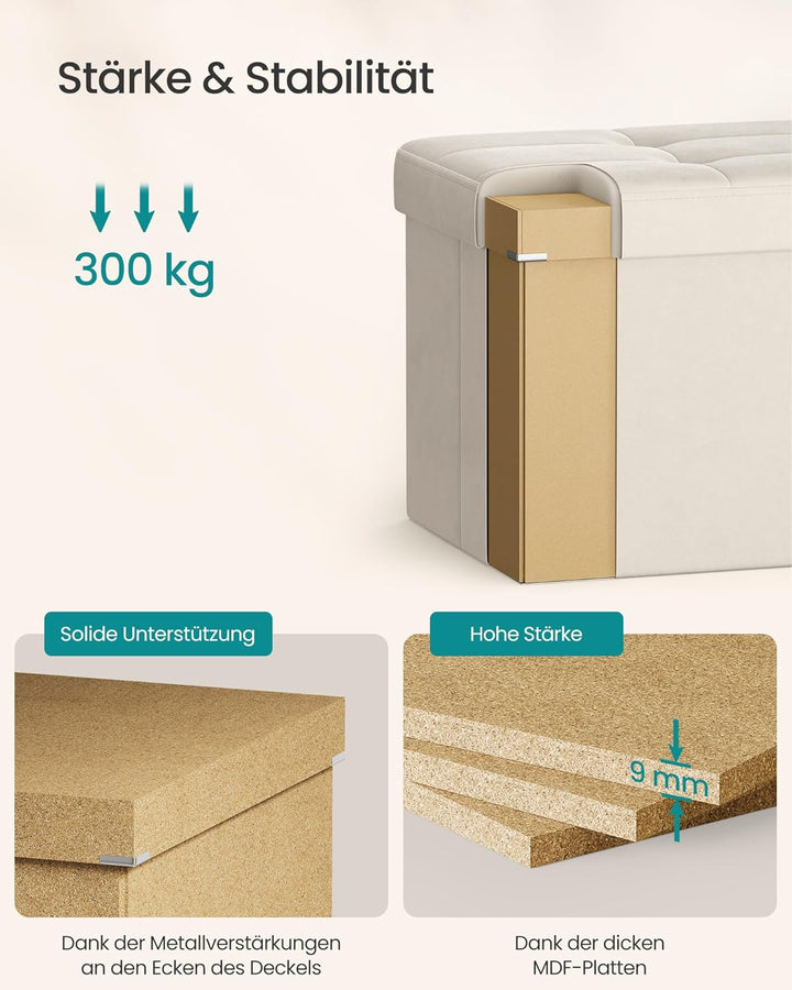 SONGMICS Sitzbank mit Stauraum, klappbare Sitztruhe, 38 x 110 x 38 cm | Aufbewahrungsbox, Deckel kla