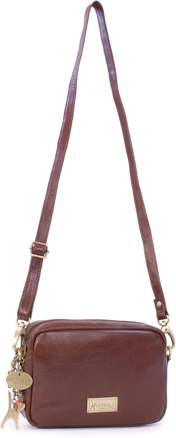 Catwalk Collection Handbags - Leder - Klein Umhängetasche Messenger/Schultertasche - POLLY Braun, Br