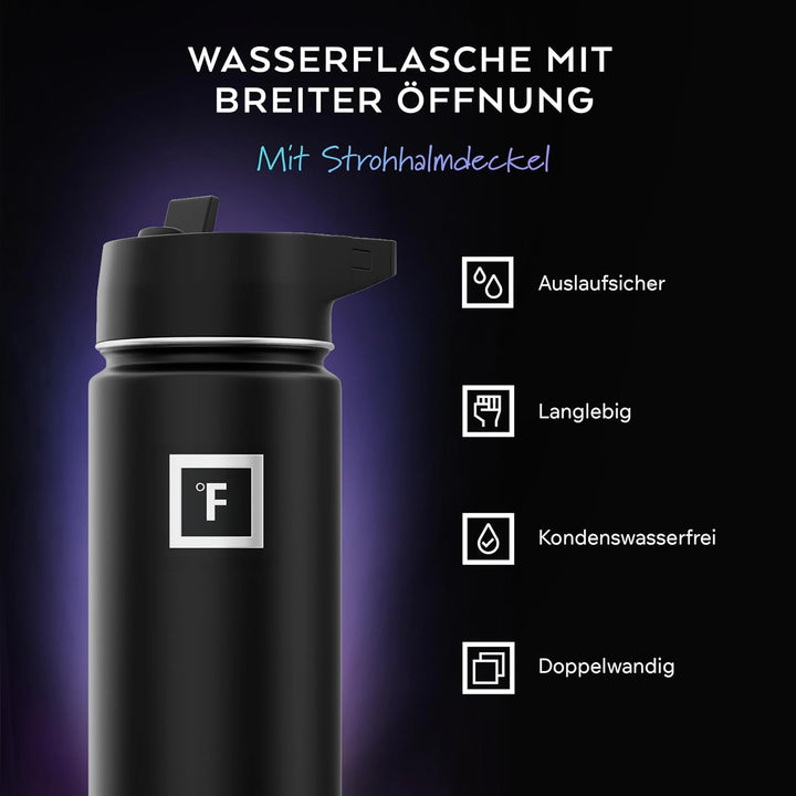 Iron Flask Sport-Wasserflasche – 625 ml, 3 Deckel (Strohdeckel), auslaufsicher, vakuumisolierter Ede