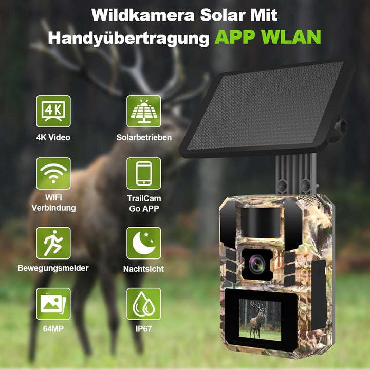 3 Wildkamera Solar, 4K/64MP Wildkamera WLAN mit Handyübertragung APP, Bewegungssensor, Nachtsicht, 0