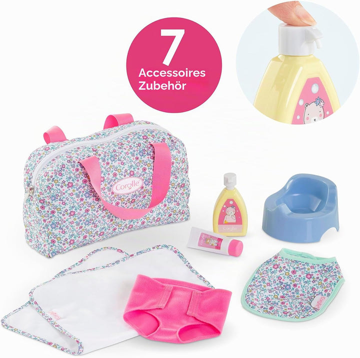 Corolle Mon Grand Poupon Wickeltasche und Zubehör, 7 Teile, Wickeltasche, Unterlage, Windel, Creme,