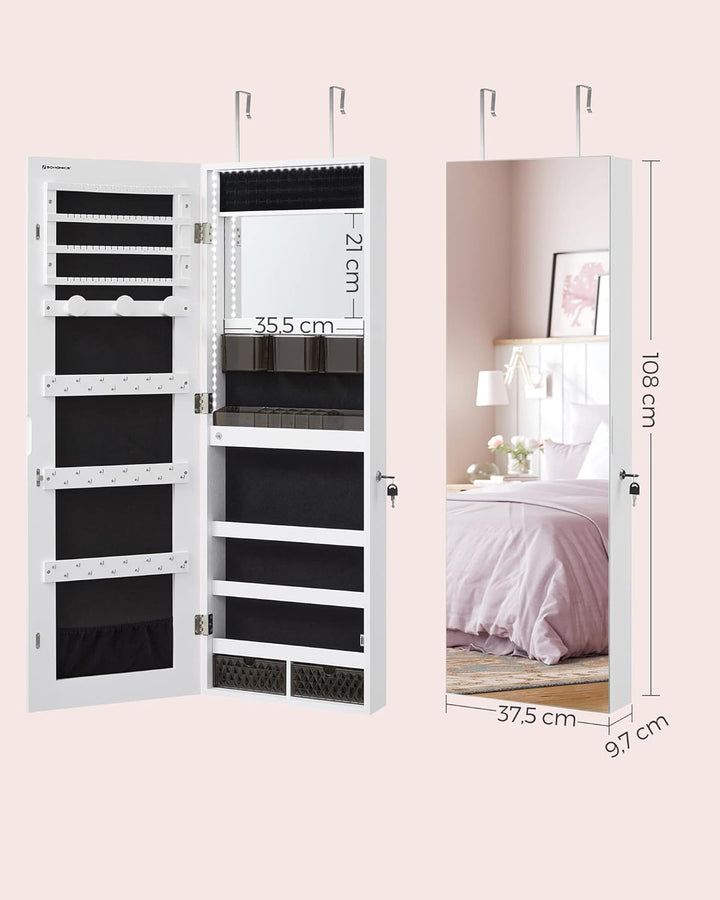 SONGMICS Schmuckschrank, Wandmontage, Organizer mit LED-Lichtern, Aufbewahrungsschrank, mit rahmenlo