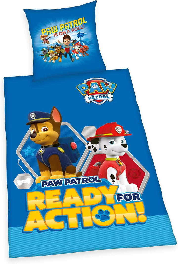 Herding Bettwäsche-Set, Paw Patrol, Kopfkissenbezug 80 x 80 cm mit Knöpfen und Wende-Motiv, Bettbezu