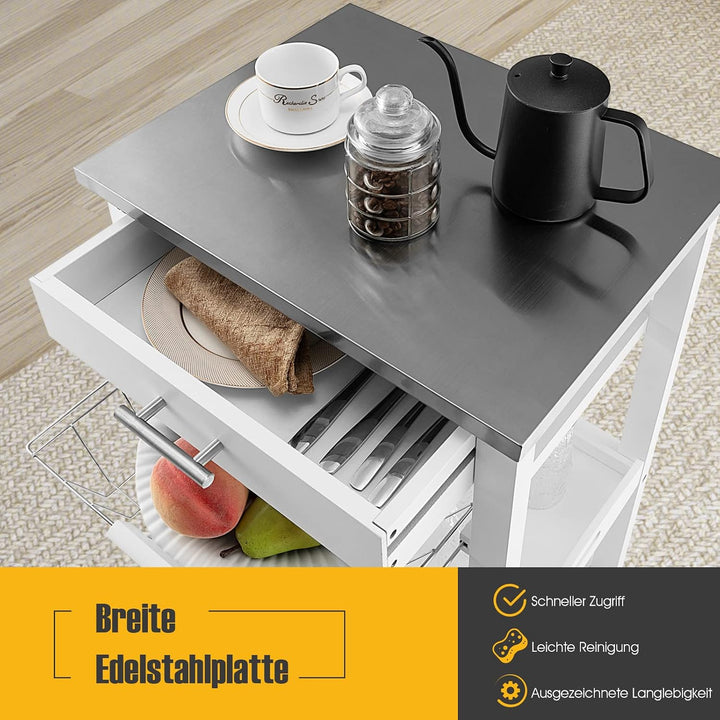 COSTWAY Kleiner Küchenwagen, Servierwagen auf Rollen, Küchenregal mit Arbeitsplatte aus Edelstahl, S