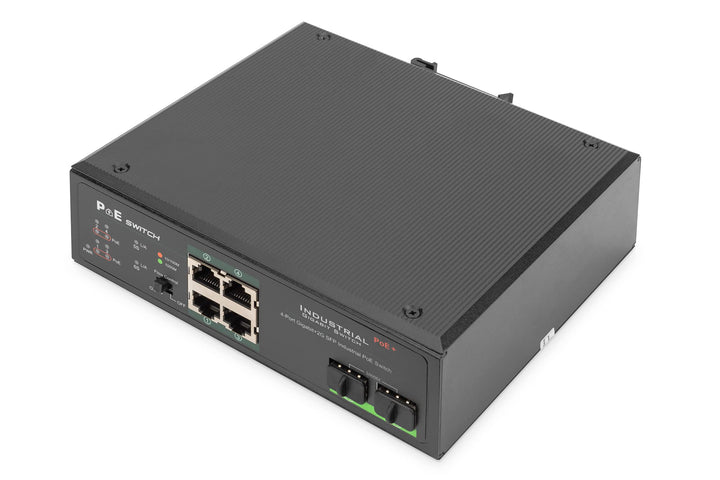 DIGITUS Industr.4-Port Gigabit PoE+ Switch W.2X SFP Uplink IEEE802.3af/at, Dinrail, erweiterter Temp
