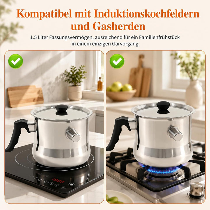 Milchtopf Induktion mit Deckel, 1.5L Milchtopf Doppelwandig, Simmertopf aus Edelstahl, Geeignet für