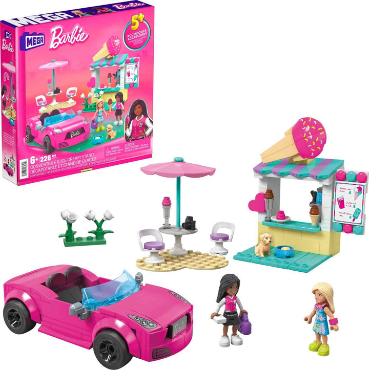 MEGA Barbie Autobauspielzeug Spielset, Cabrio & Eisständer mit 225 Teilen, 2 Mikropuppen und Zubehör