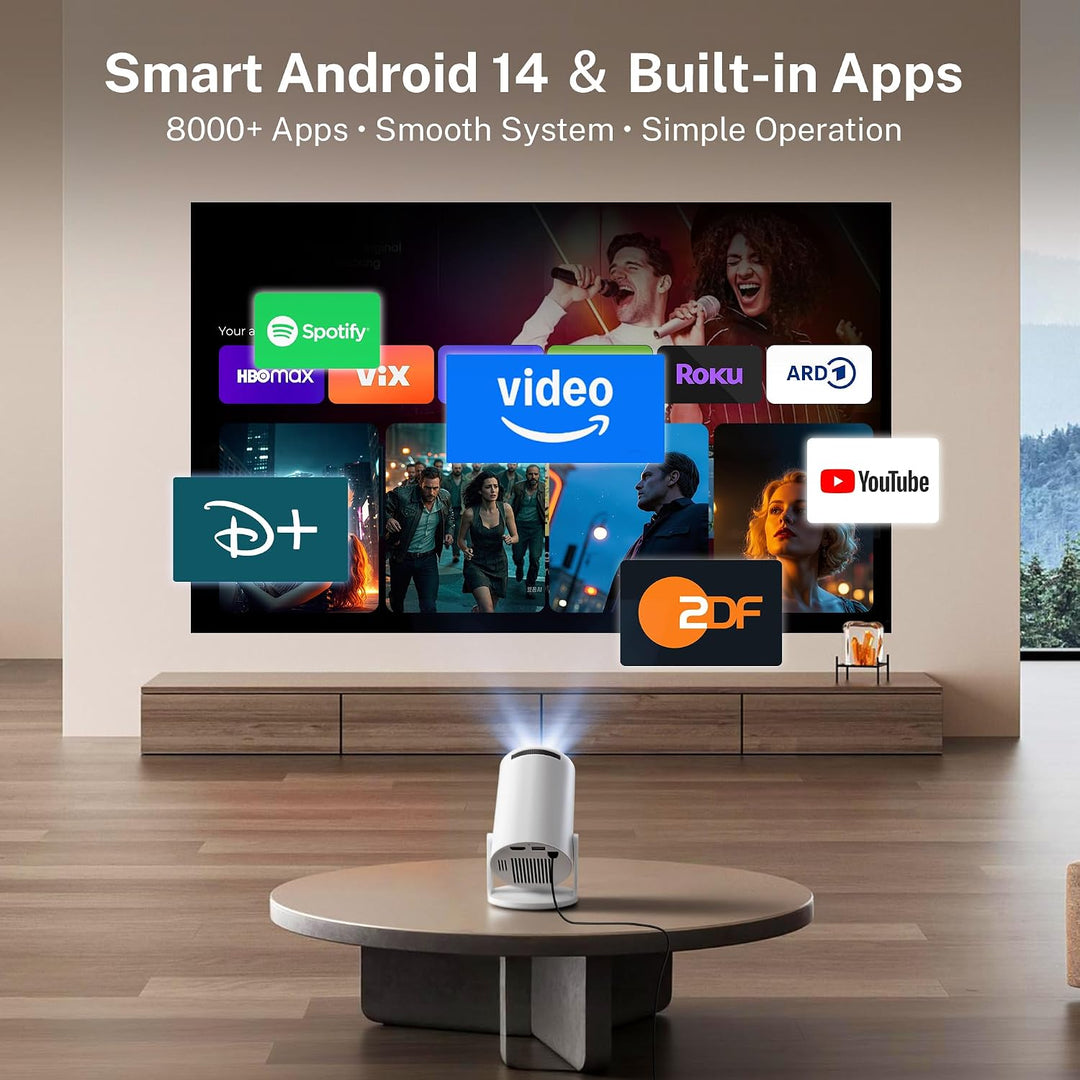 Mini Beamer mit Android TV mit Bluetooth &amp; WiFi 6, Auto Keystone Portable Projektor, 180° Rotation,