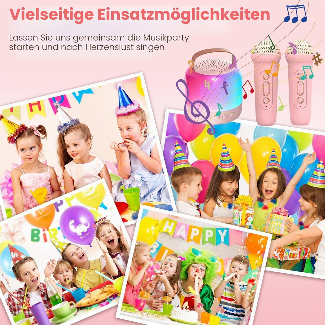 Karaoke Maschine mit 2 Drahtlosen Mikrofonen für Kinder, Tragbarer Bluetooth-Lautsprecher mit LED un