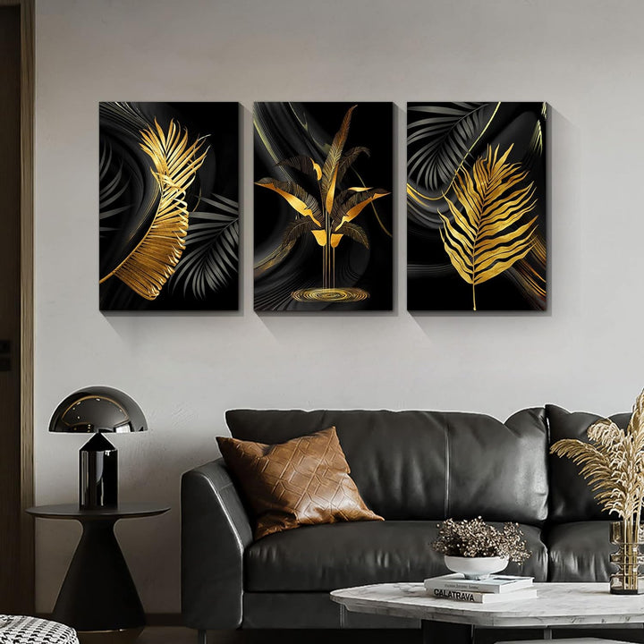 3 Teilig Goldenes Blatt Leinwandbilder Bilder Abstrakt Palmblatt Farn botanisch Blätter bild auf lei