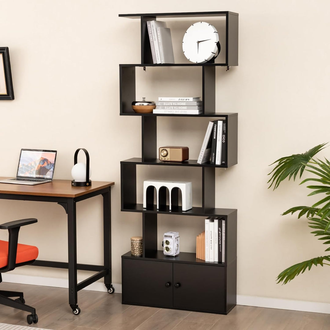HOMASIS Bücherregal mit 5 Ebenen, Standregal mit Schrank & 2 Türen, Aufbewahrungsregal aus Holz, Wan