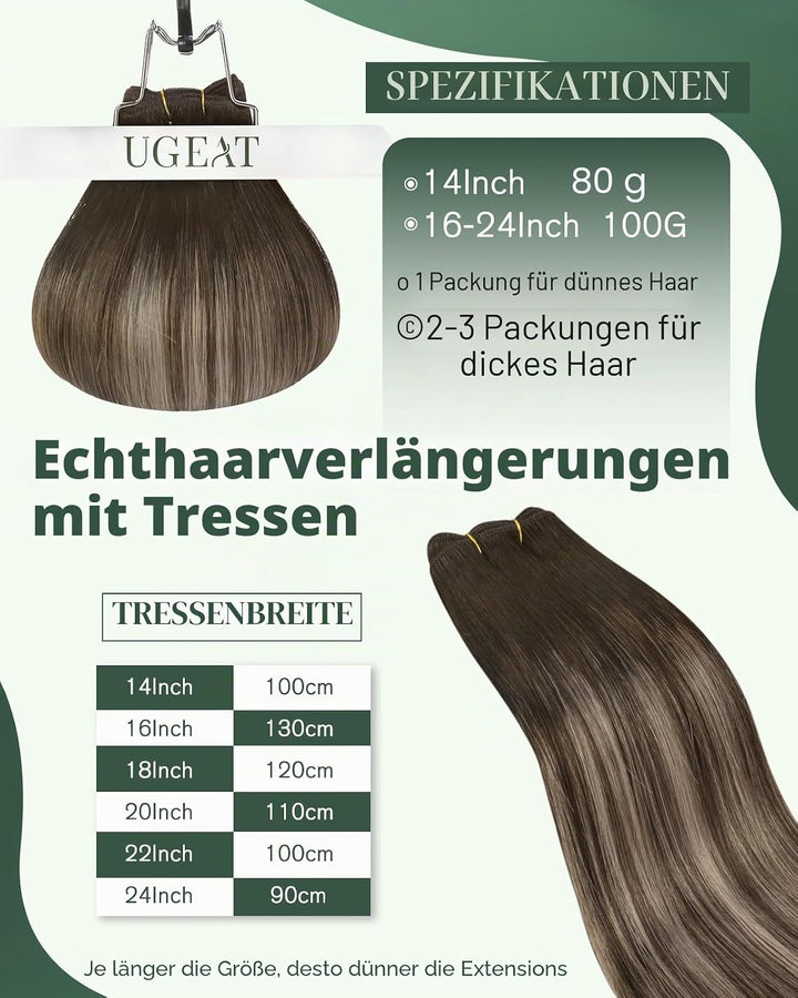 Ugeat Weft Extensions Echthaar Aschblond Balayage Tressen Extensions Echthaar Ombre Bunkelbraun Echt